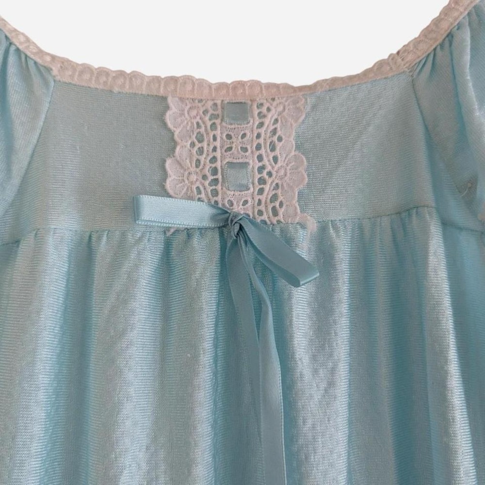 Vintage Her Majesty Blue Lace Trim Coquette Nightgown Ruffle Hem USA 6 - Picture 5 of 8